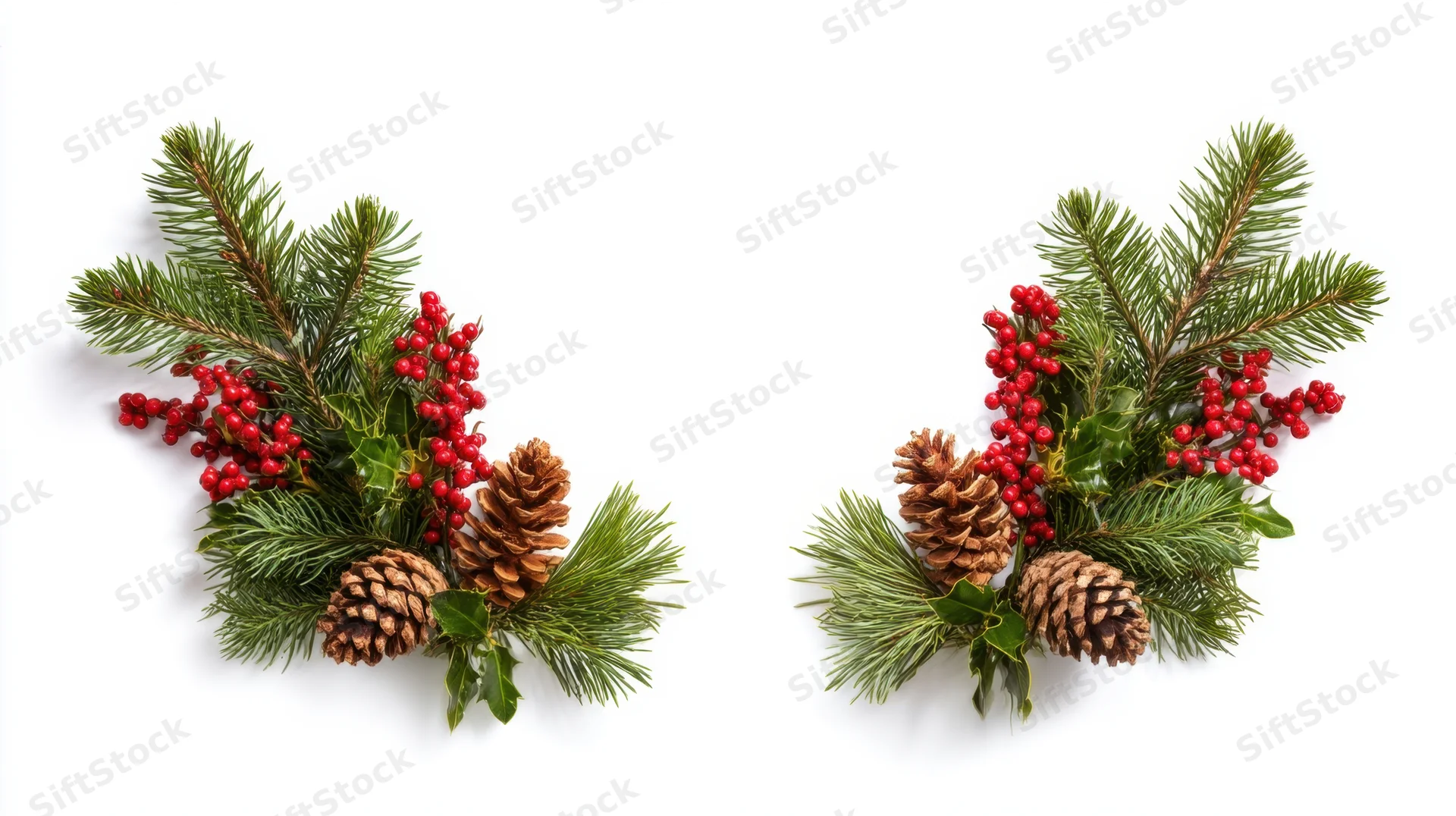 Two festive arrangements of pine branches, holly leaves and red berries with pinecones on white background