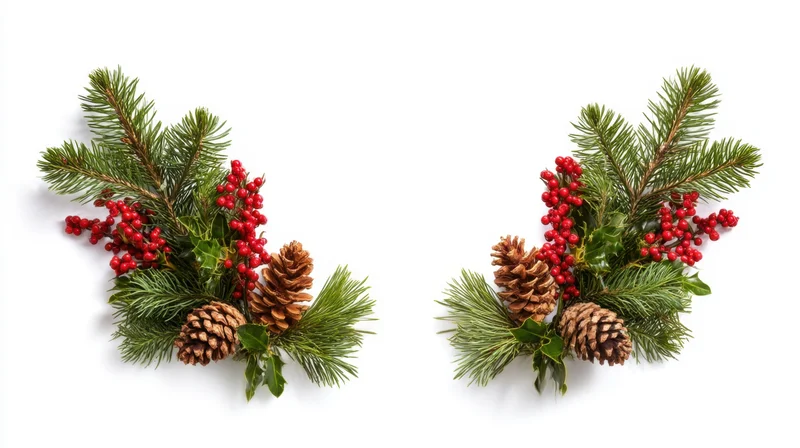 Two festive arrangements of pine branches, holly leaves and red berries with pinecones on white background