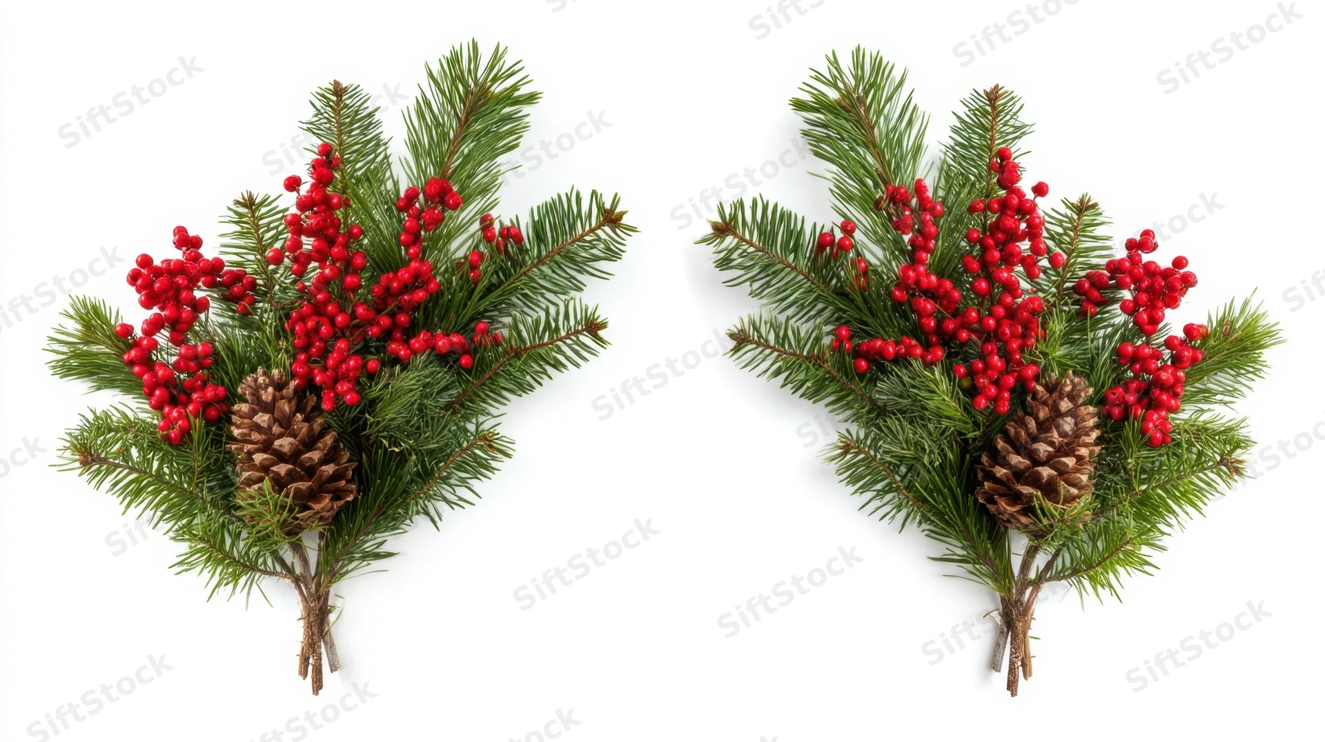 Two pine and holly sprigs with red berries and pinecones on white background