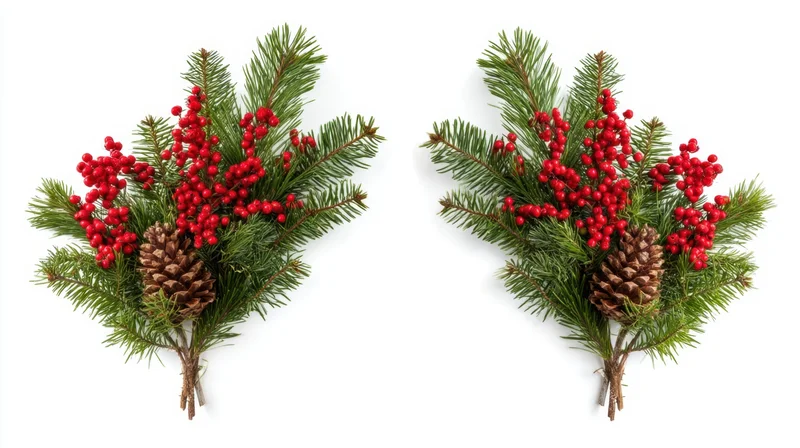 Two pine and holly sprigs with red berries and pinecones on white background