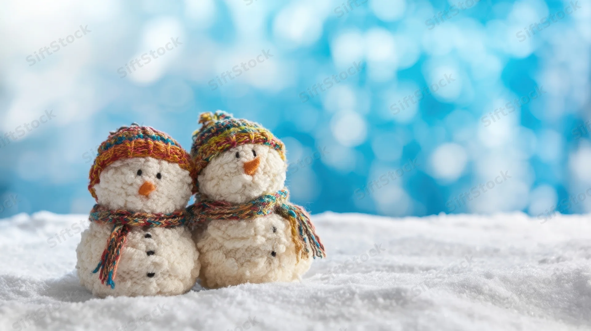 Two knitted snowmen wearing colorful hats and scarves sitting on snow with a blue bokeh background