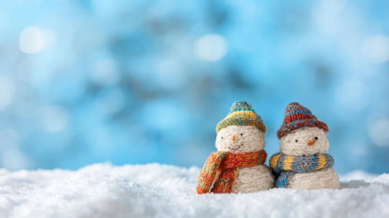 Two knitted snowmen wearing colorful hats and scarves sitting on snow against a blue bokeh background