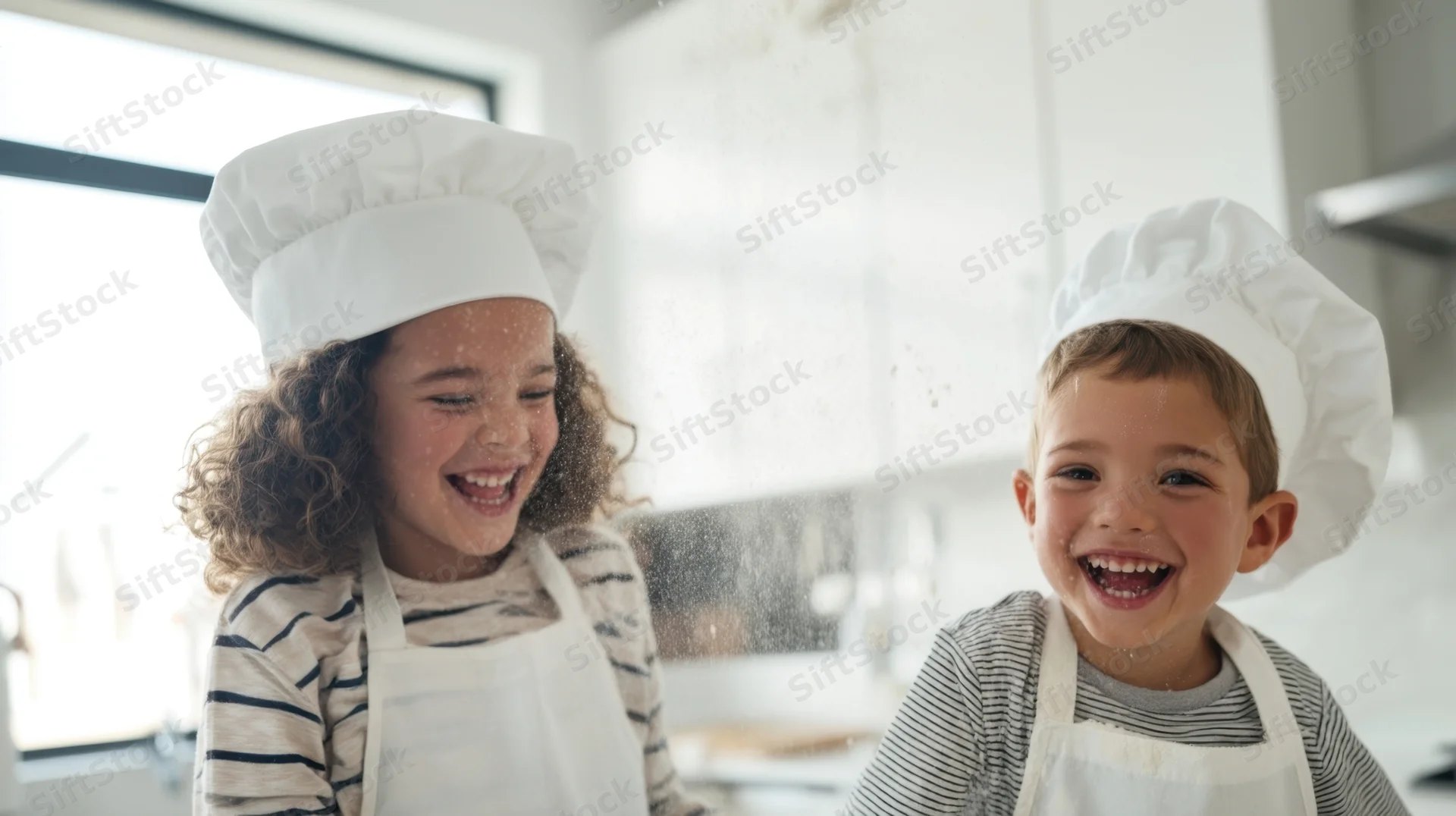 Two children laughing while baking in a bright kitchen wearing chef hats and aprons