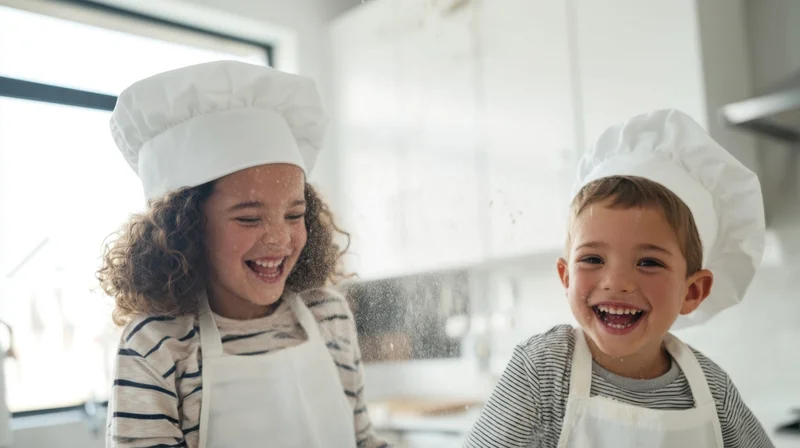 Two children laughing while baking in a bright kitchen wearing chef hats and aprons