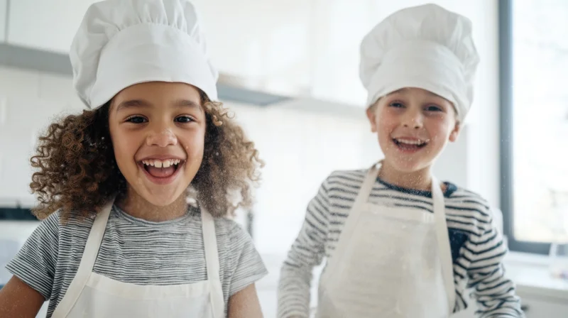 Two children smiling while baking in a bright kitchen wearing chef hats and aprons