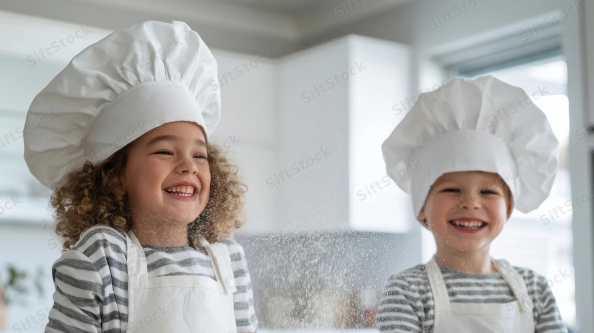 Two children in chef hats and aprons smiling while baking in a bright kitchen