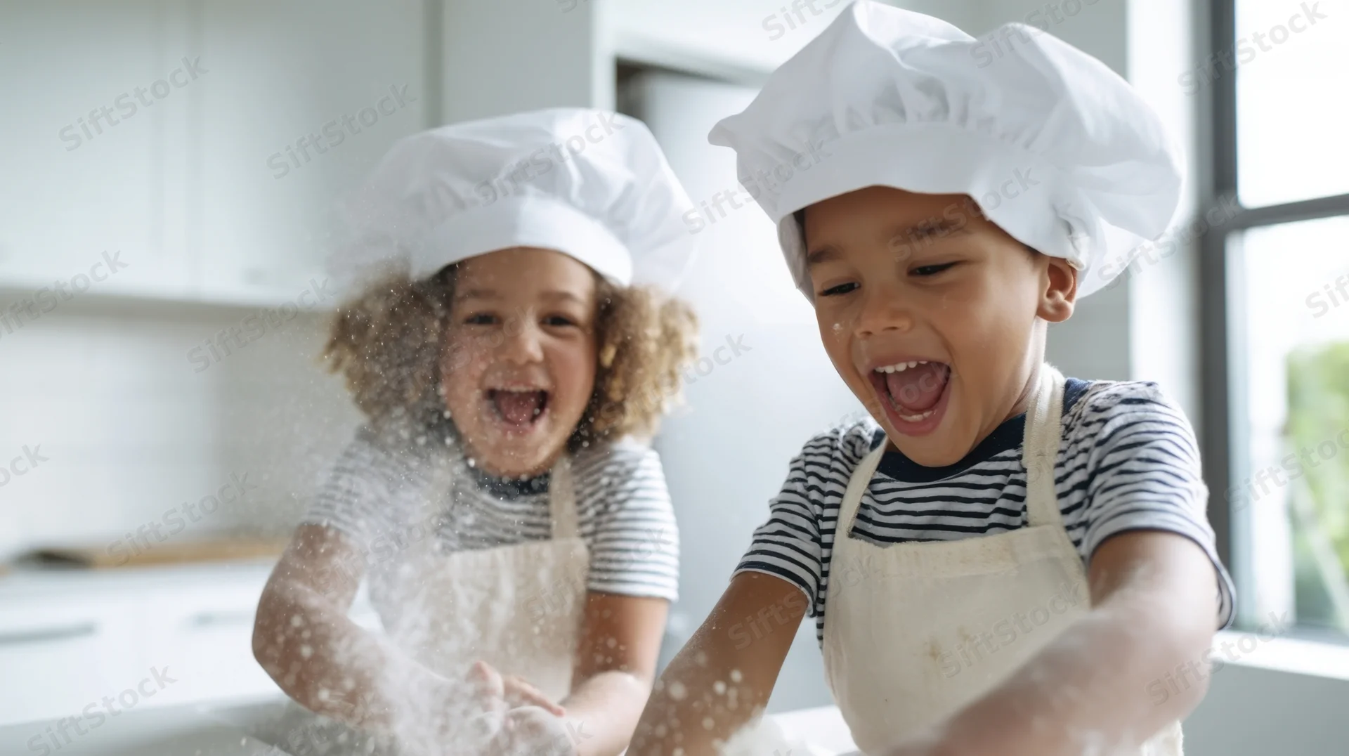 Two children laughing while baking in a bright kitchen wearing chef hats and aprons