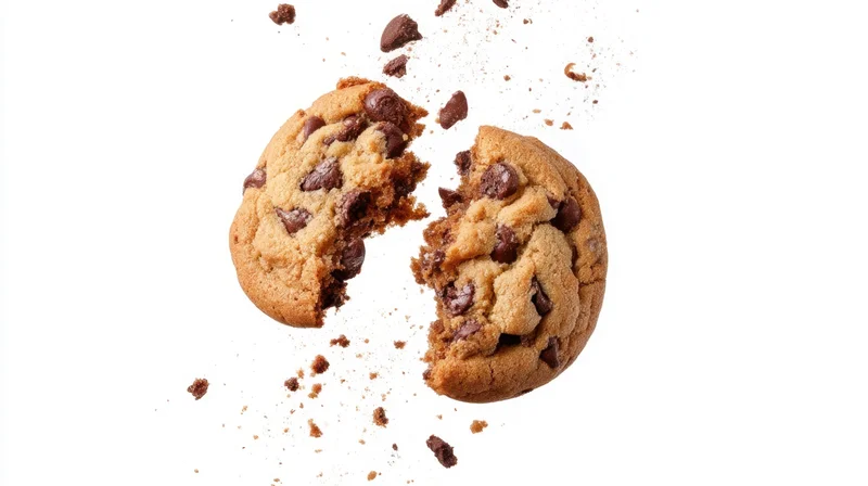 Chocolate chip cookie breaking apart with crumbs flying against white background