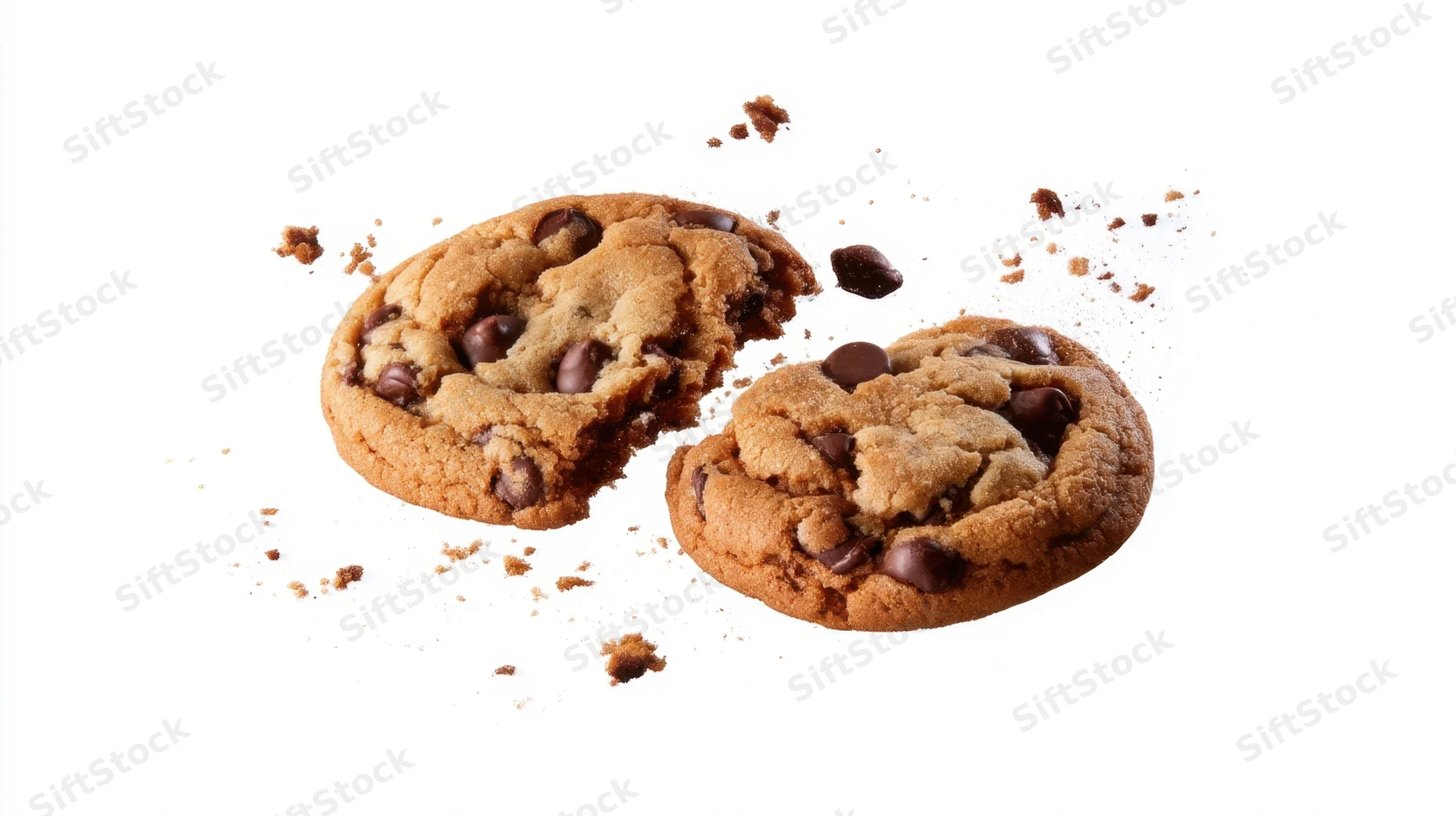 Broken chocolate chip cookie halves with crumbs on white background