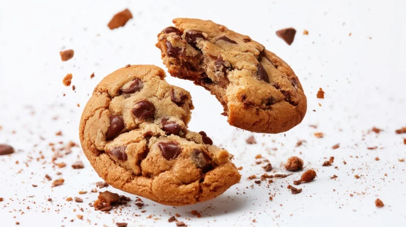 Chocolate chip cookie breaking apart midair with crumbs scattered on white background