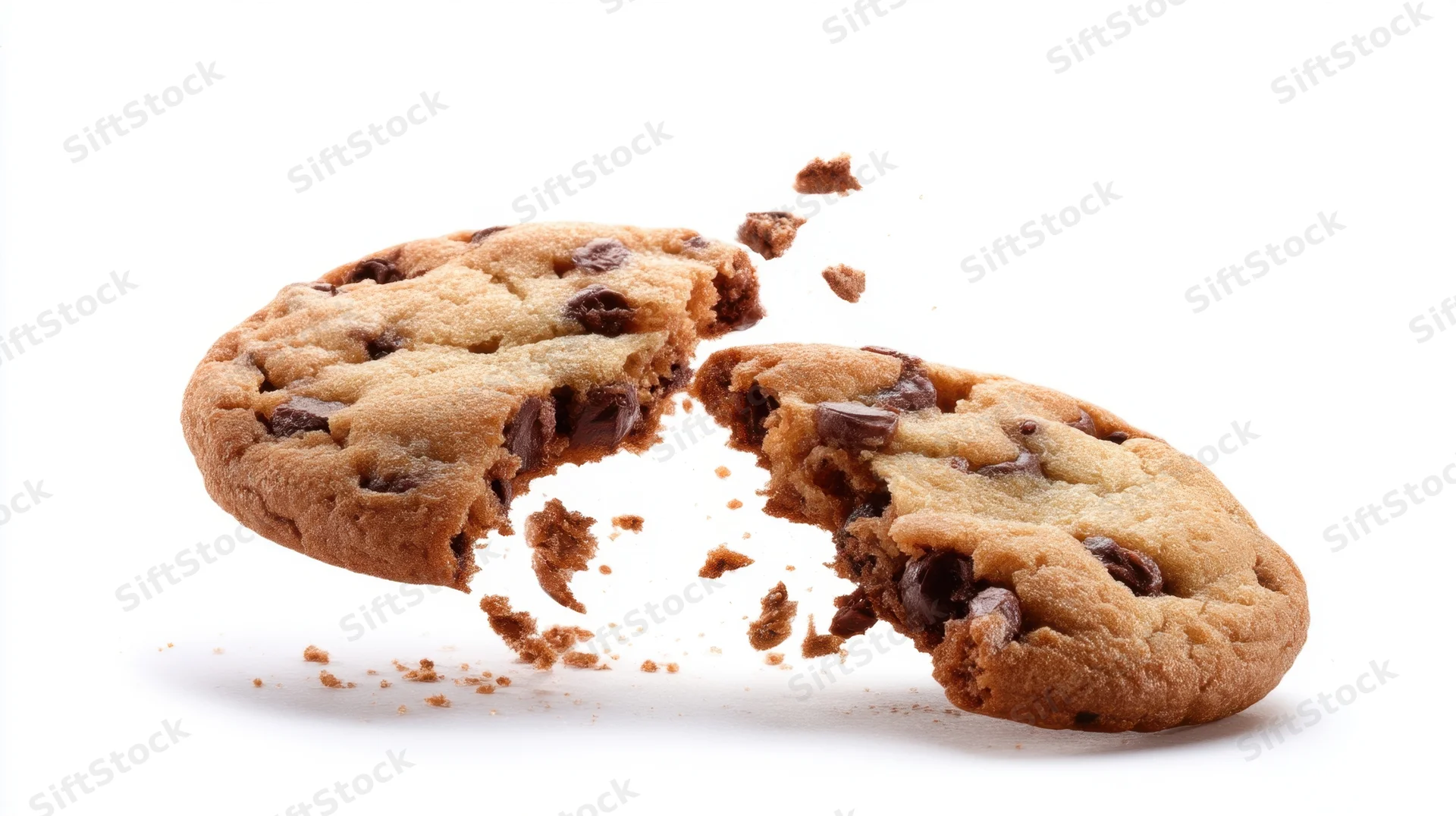 Chocolate chip cookie breaking apart with crumbs flying against white background