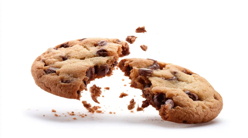Chocolate chip cookie breaking apart with crumbs flying against white background