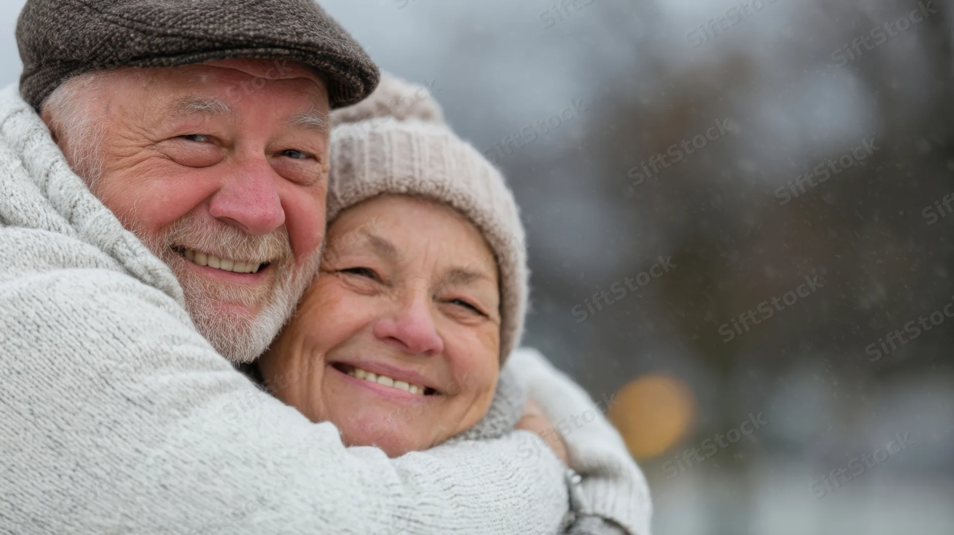 Elderly couple embracing and smiling in snowy outdoor setting