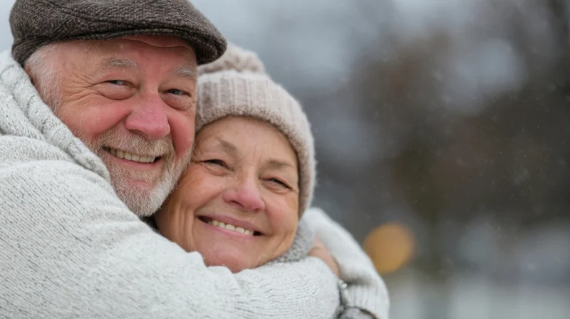 Elderly couple embracing and smiling in snowy outdoor setting