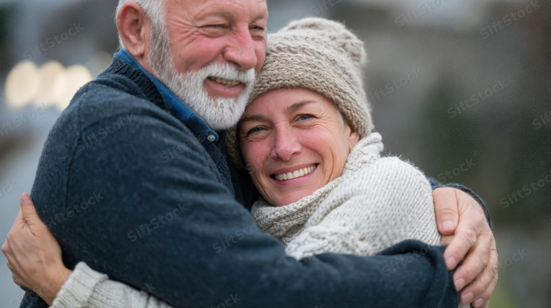 Elderly couple embracing warmly outdoors in winter clothing