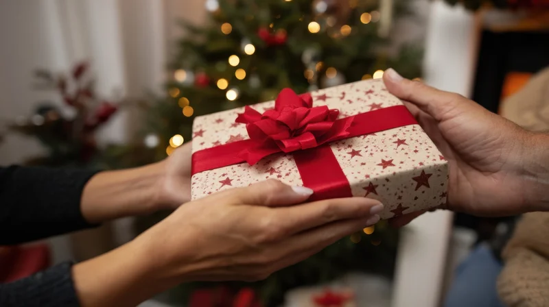Two hands exchanging a wrapped gift with red ribbon and stars in front of a lit christmas tree