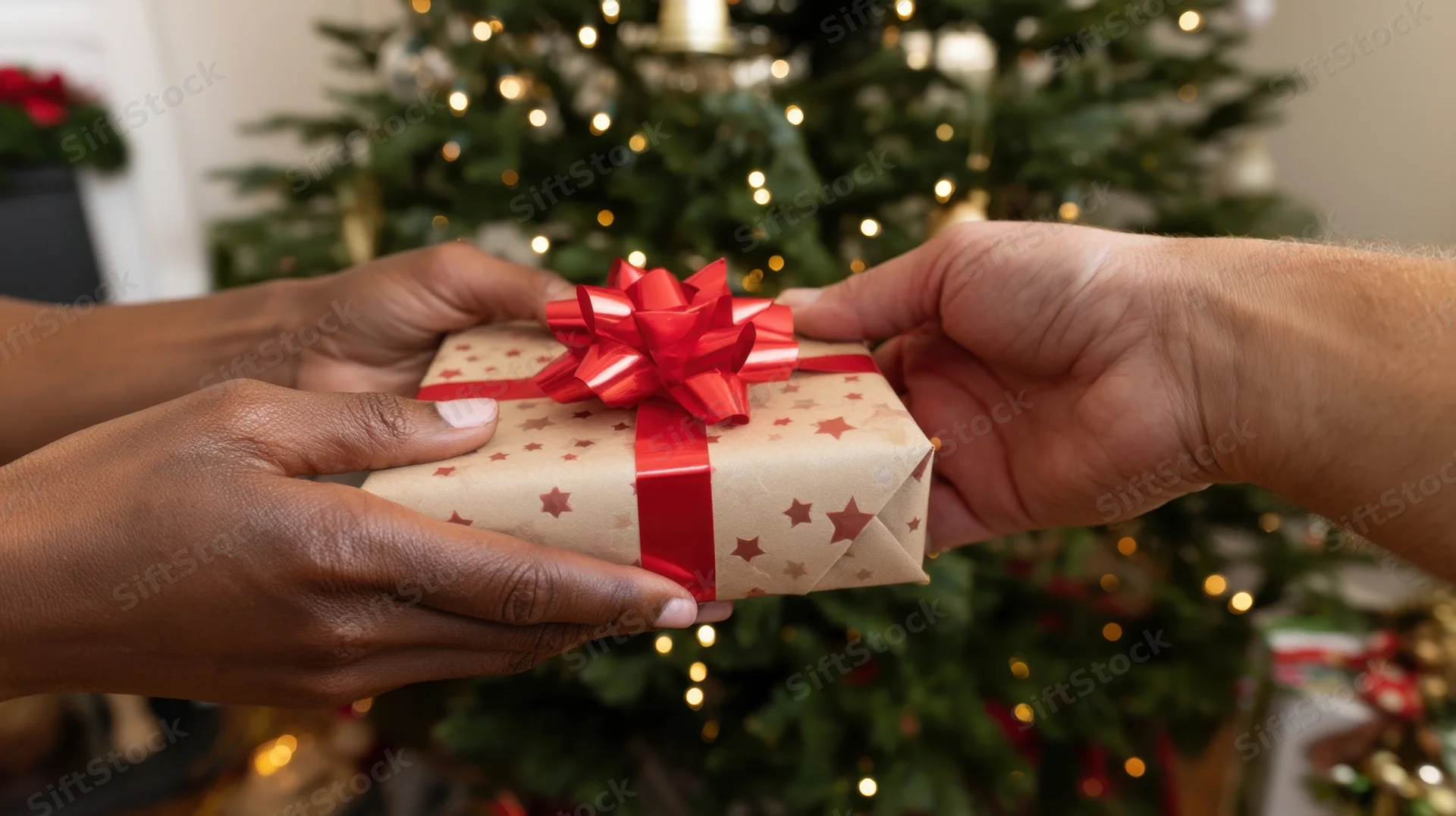 Two hands exchanging a wrapped gift with red ribbon and stars in front of a lit christmas tree