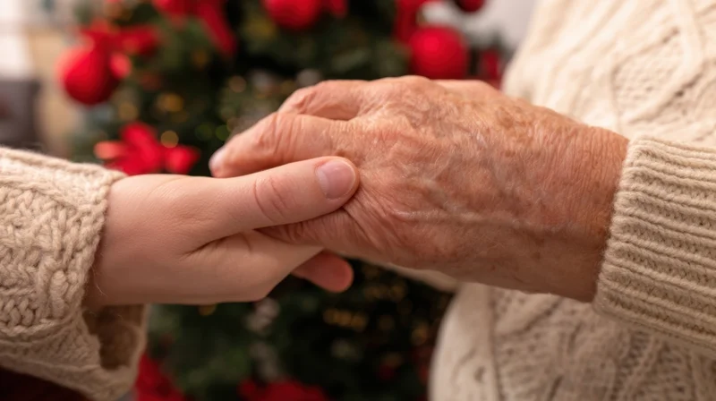Elderly woman's hand gently held by a child's hand in front of a decorated christmas tree