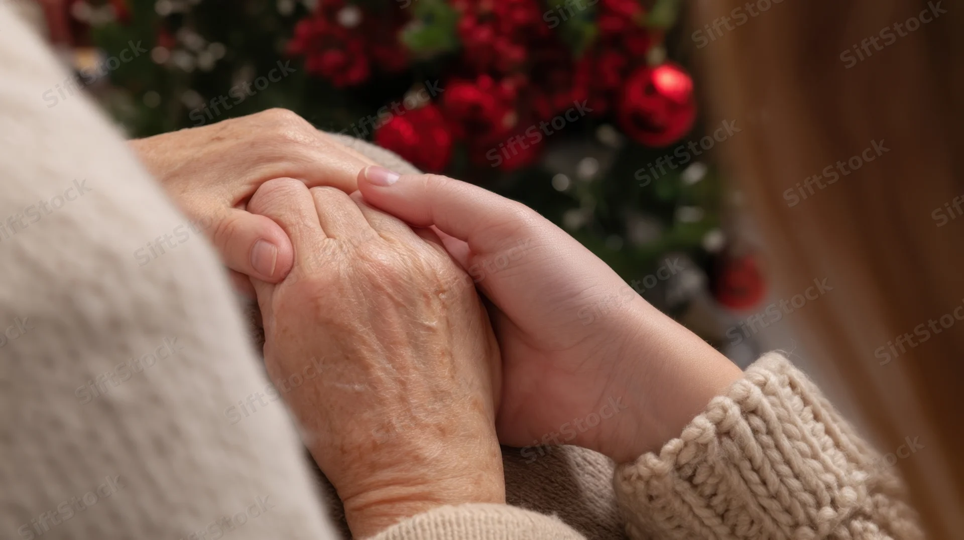 Young woman holding elderly person's hand in front of a decorated christmas tree