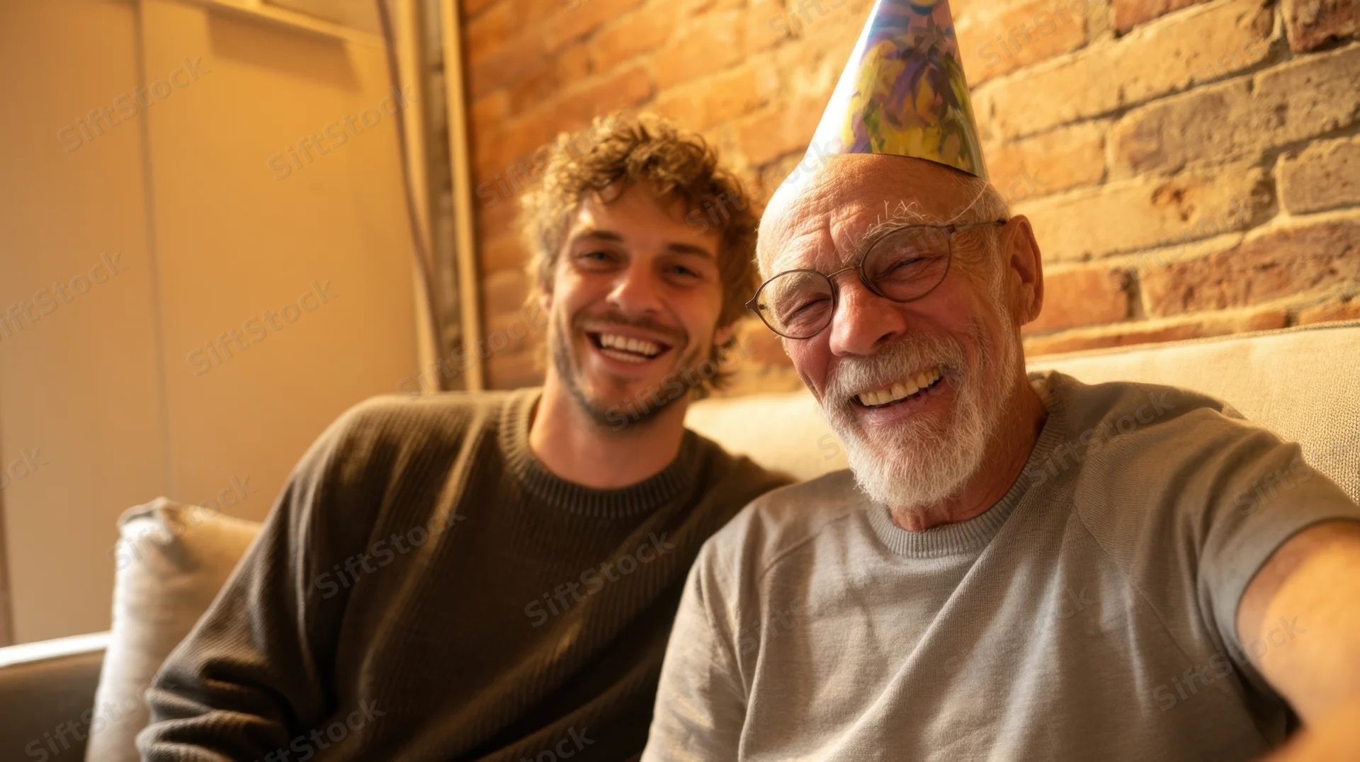 Senior man and young man smiling together on a sofa during a birthday celebration
