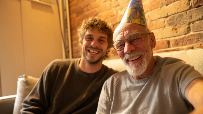 Senior man and young man smiling together on a sofa during a birthday celebration
