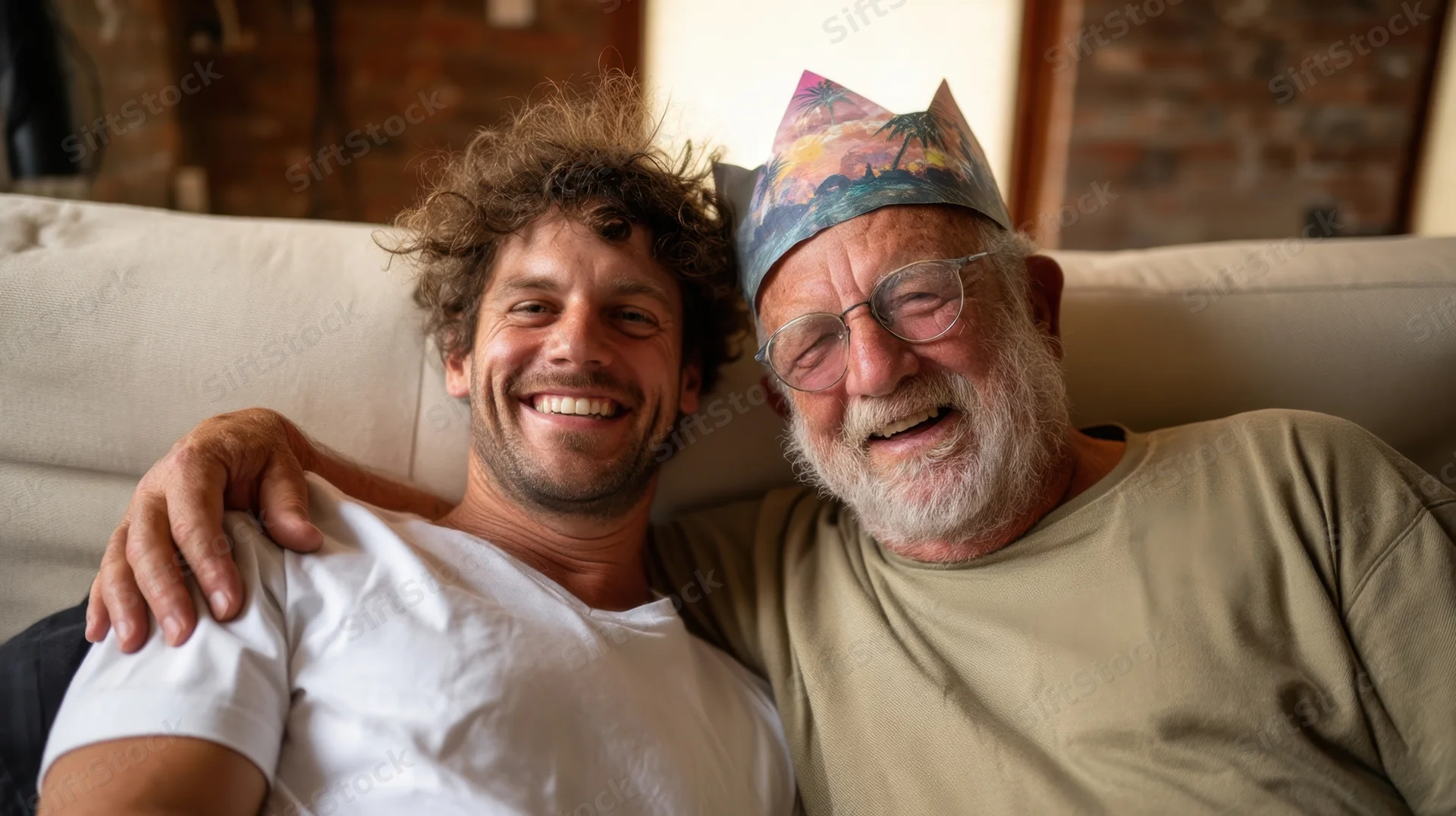 Senior man and young man smiling together on a sofa with a party hat