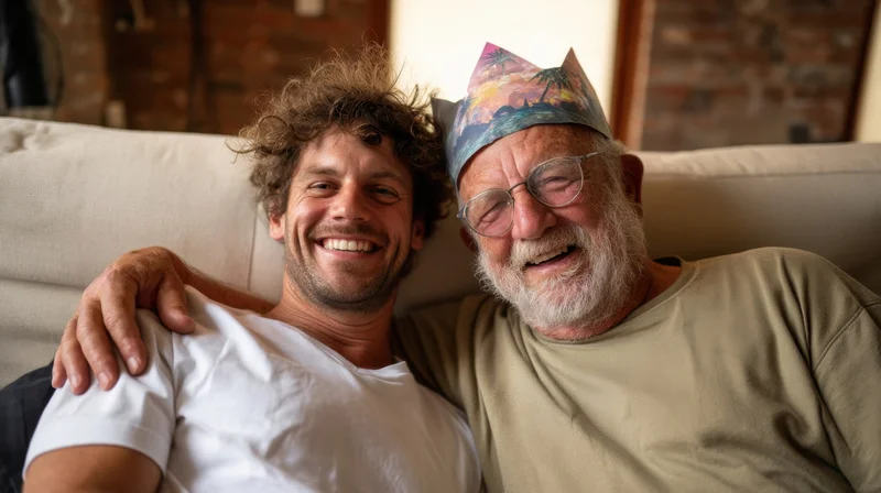 Senior man and young man smiling together on a sofa with a party hat