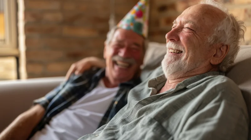 Two senior men laughing together on a couch during a birthday celebration