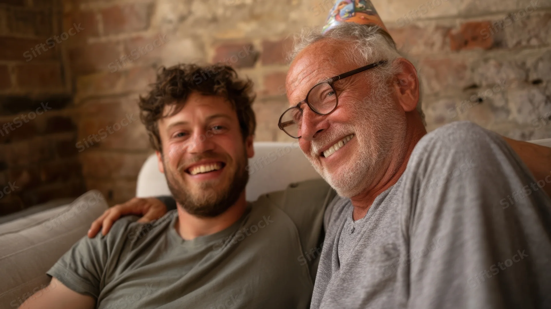 Senior man and young man smiling together on a sofa with a party hat, celebrating a birthday at home
