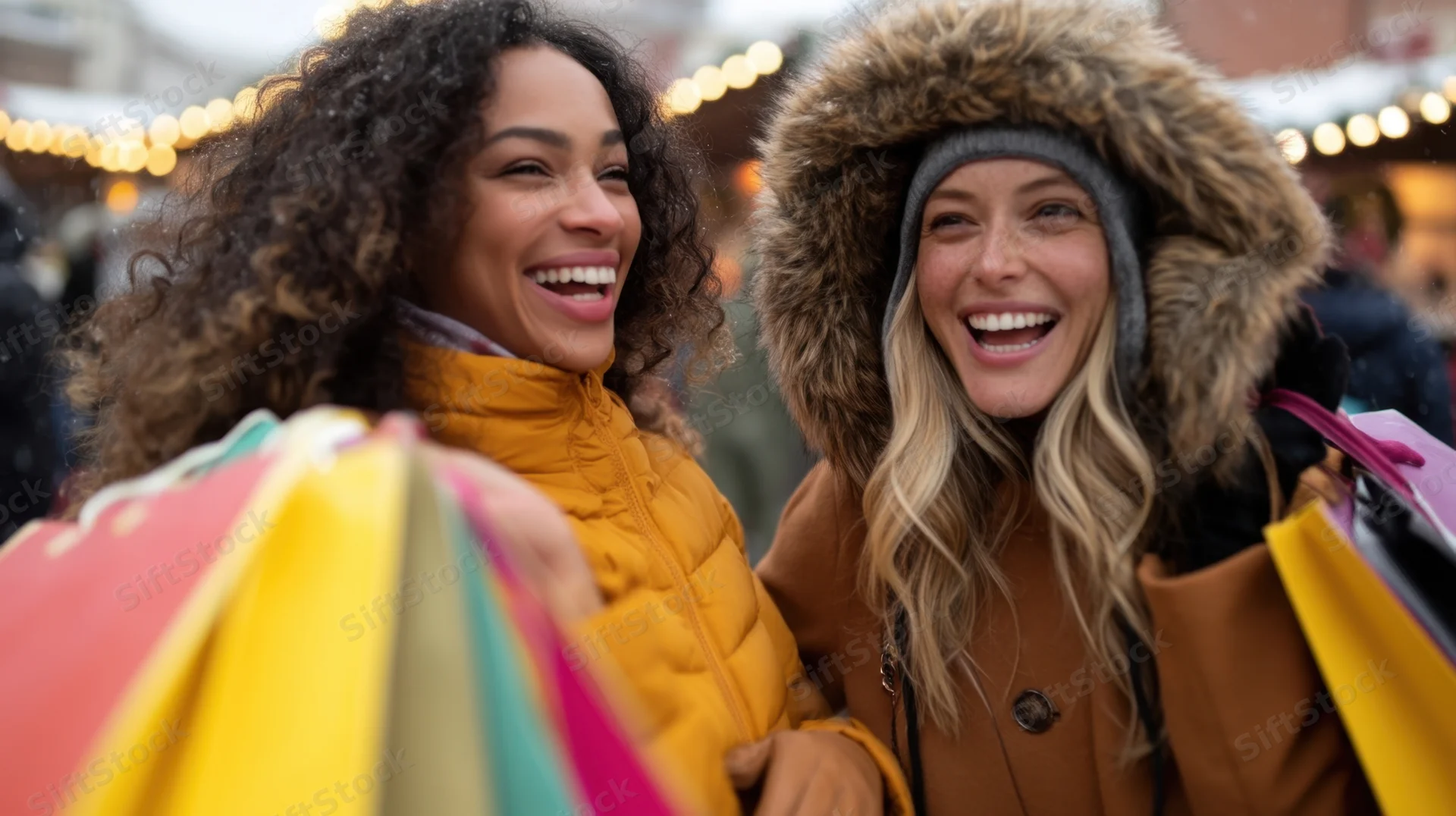 Two women laughing while holding colorful shopping bags at a winter market