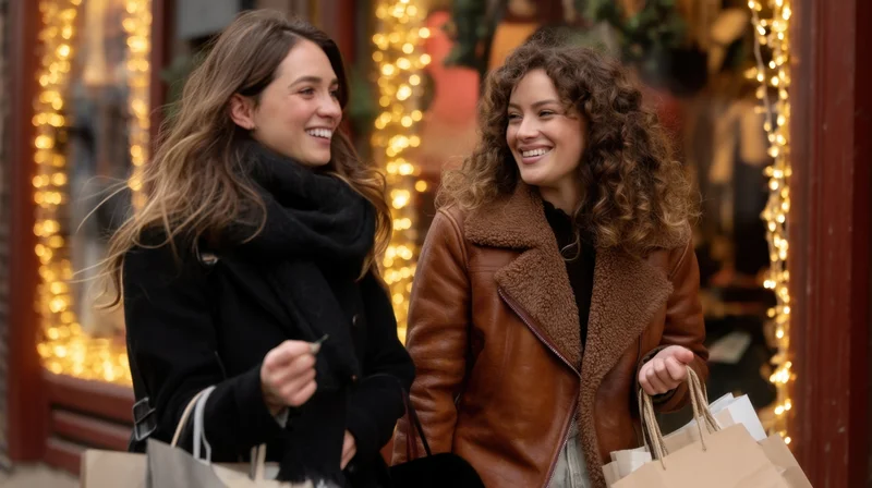 Two young women smiling while walking together with shopping bags on a decorated city street