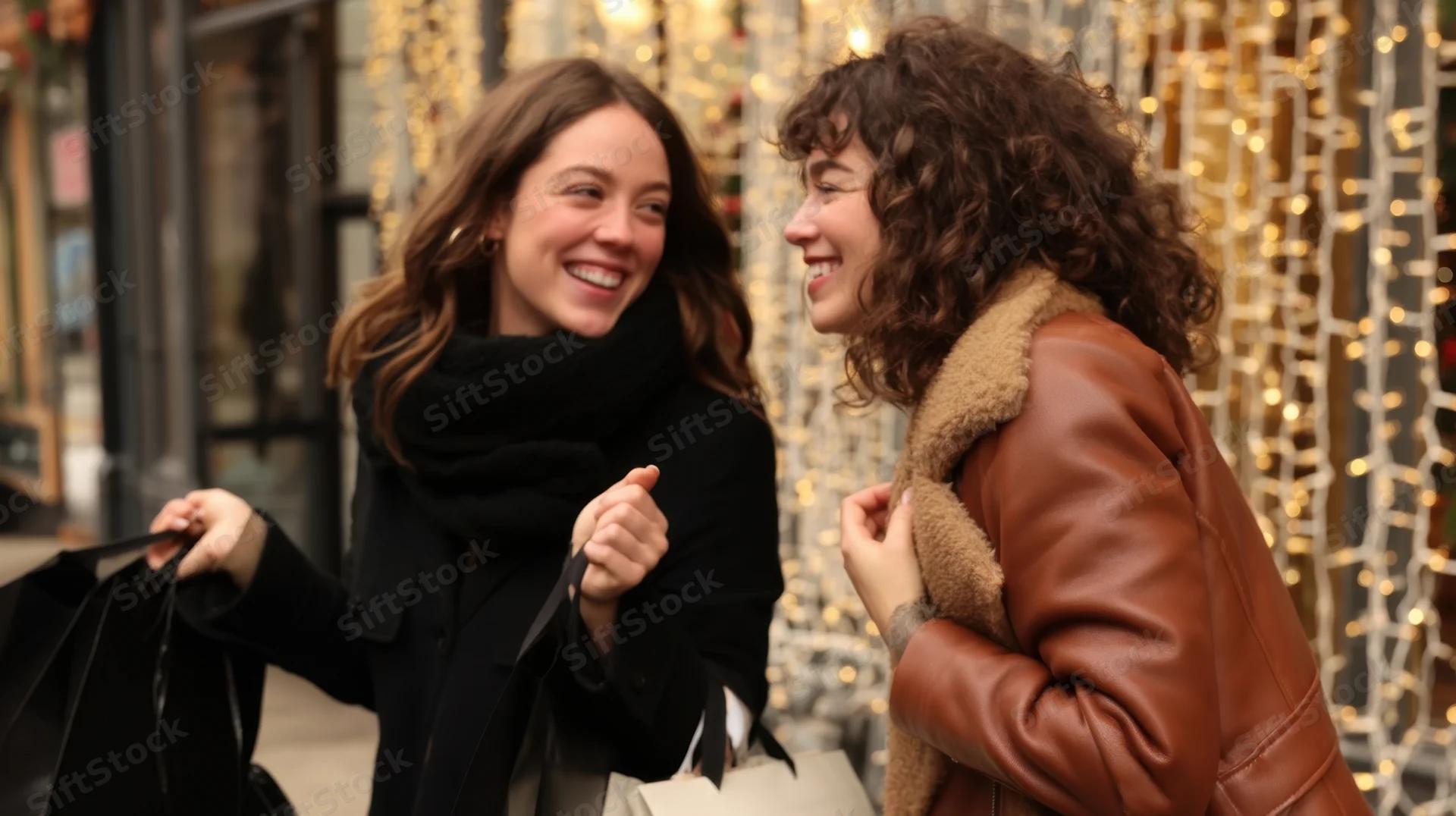 Two young women laughing while walking together on a city street holding shopping bags at night near holiday lights