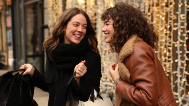 Two young women laughing while walking together on a city street holding shopping bags at night near holiday lights
