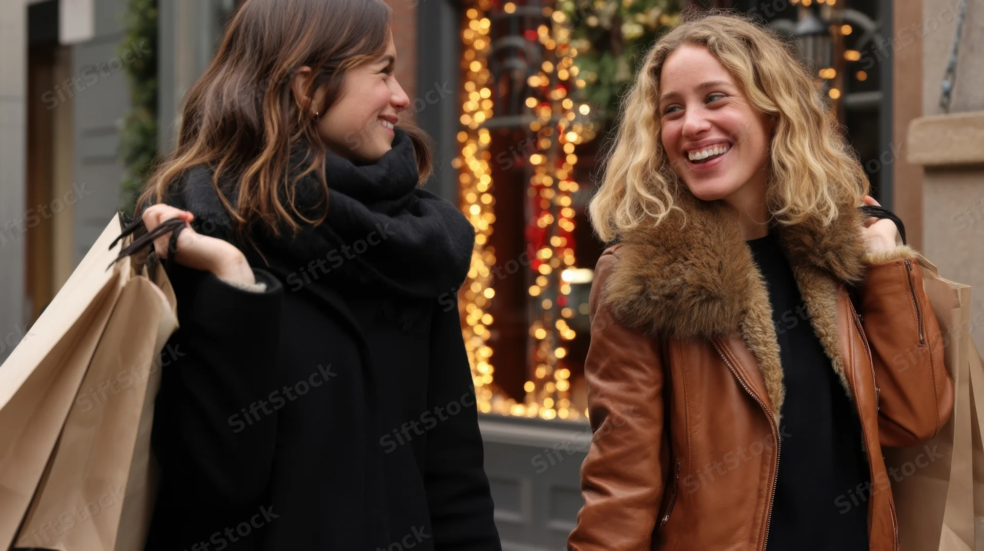 Two young women smiling while walking together on a city street holding shopping bags