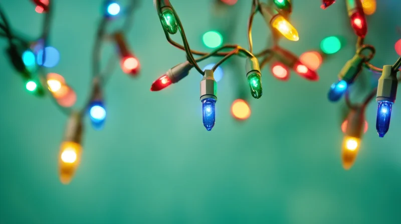 Colorful string lights glowing against a soft teal background with bokeh effect