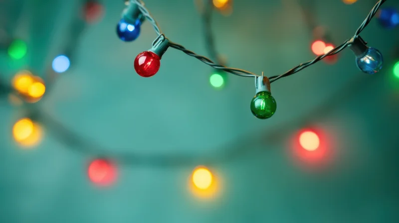 Multicolored string lights glowing against a soft blue background with bokeh effect