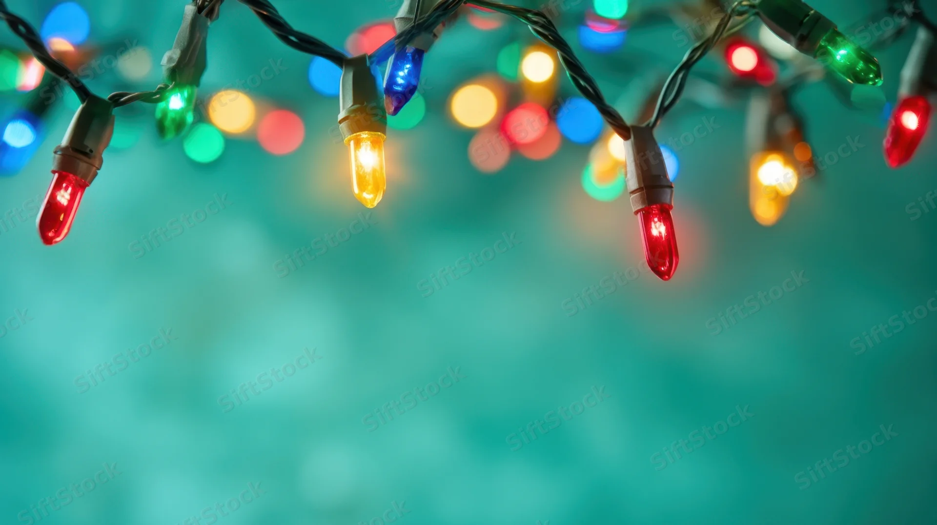 Colorful string lights hanging against a soft blue background with bokeh effect