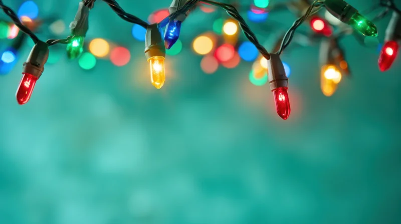 Colorful string lights hanging against a soft blue background with bokeh effect