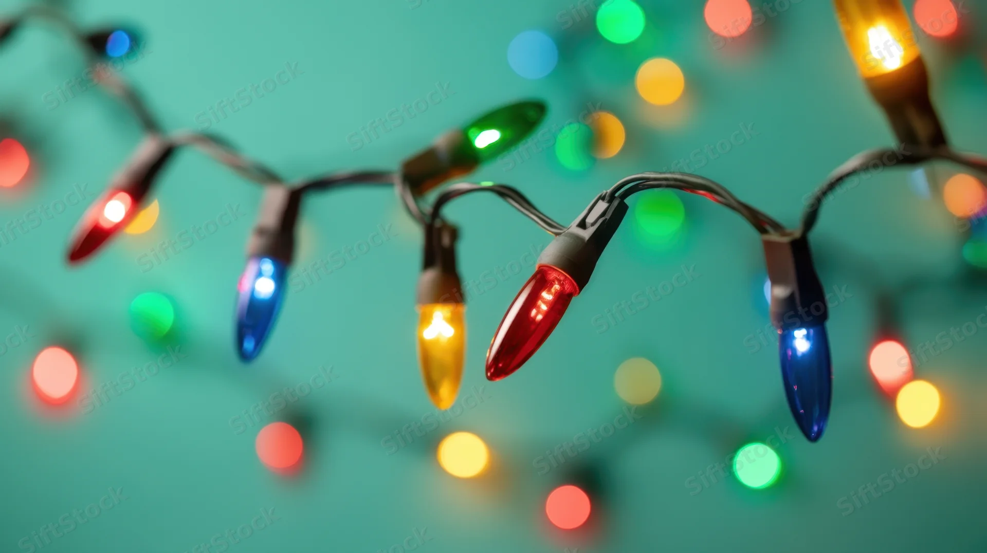 Colorful string lights glowing against a soft teal background with bokeh effect