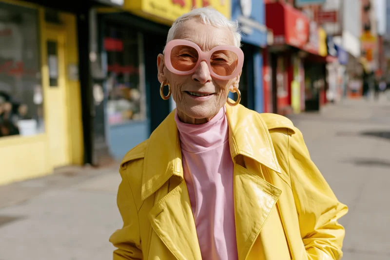 The Bold Sunglasses Adorning The Elderly Woman on a Colorful City Street