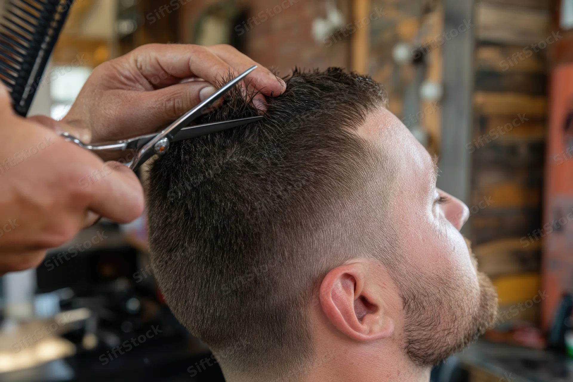 Barber trimming a man's hair with scissors in a rustic barbershop