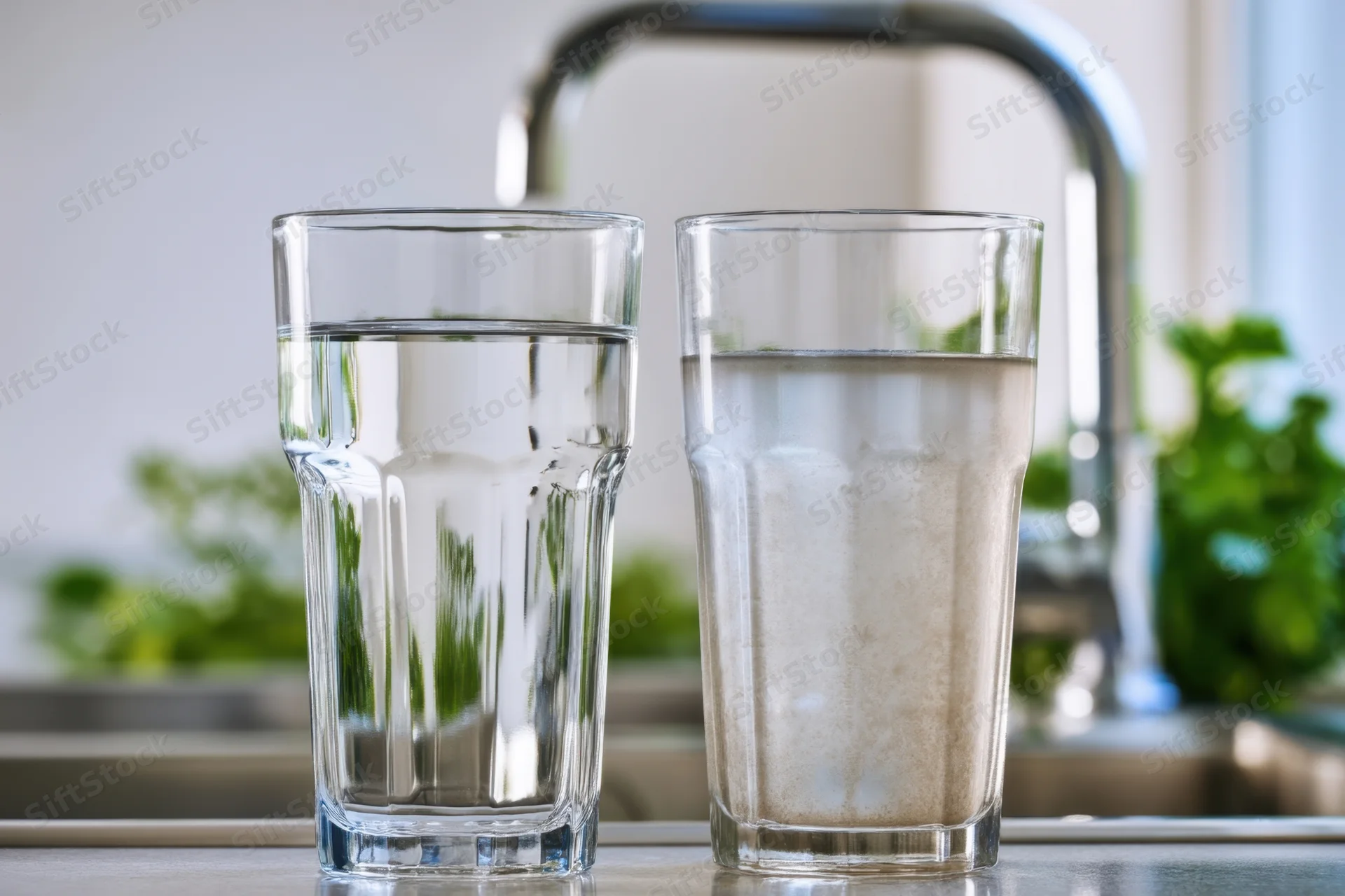 Two glasses of water, one clear and one cloudy, on a kitchen countertop near a faucet