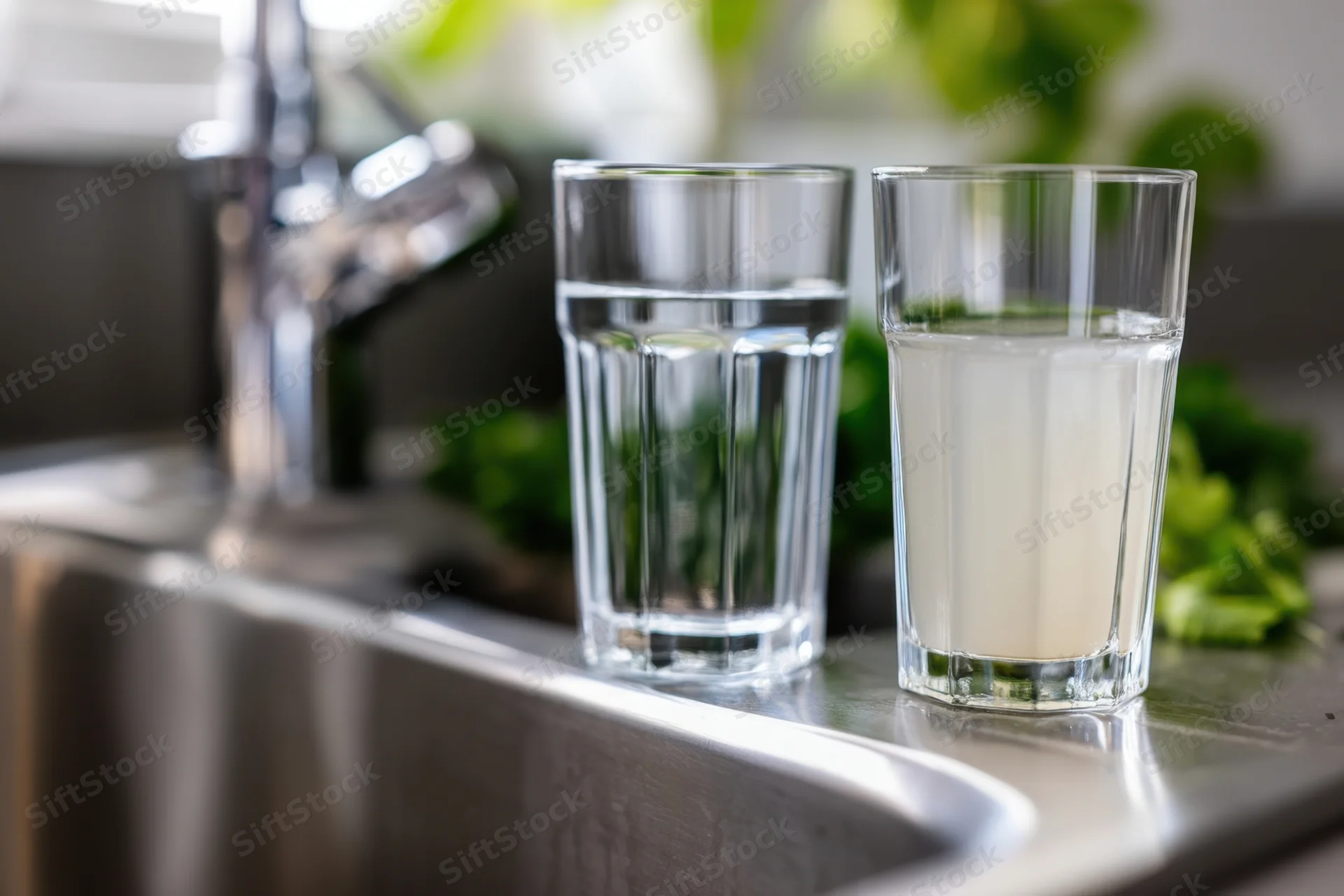 Two glasses of water and milk on a stainless steel kitchen sink countertop near a faucet and green vegetables