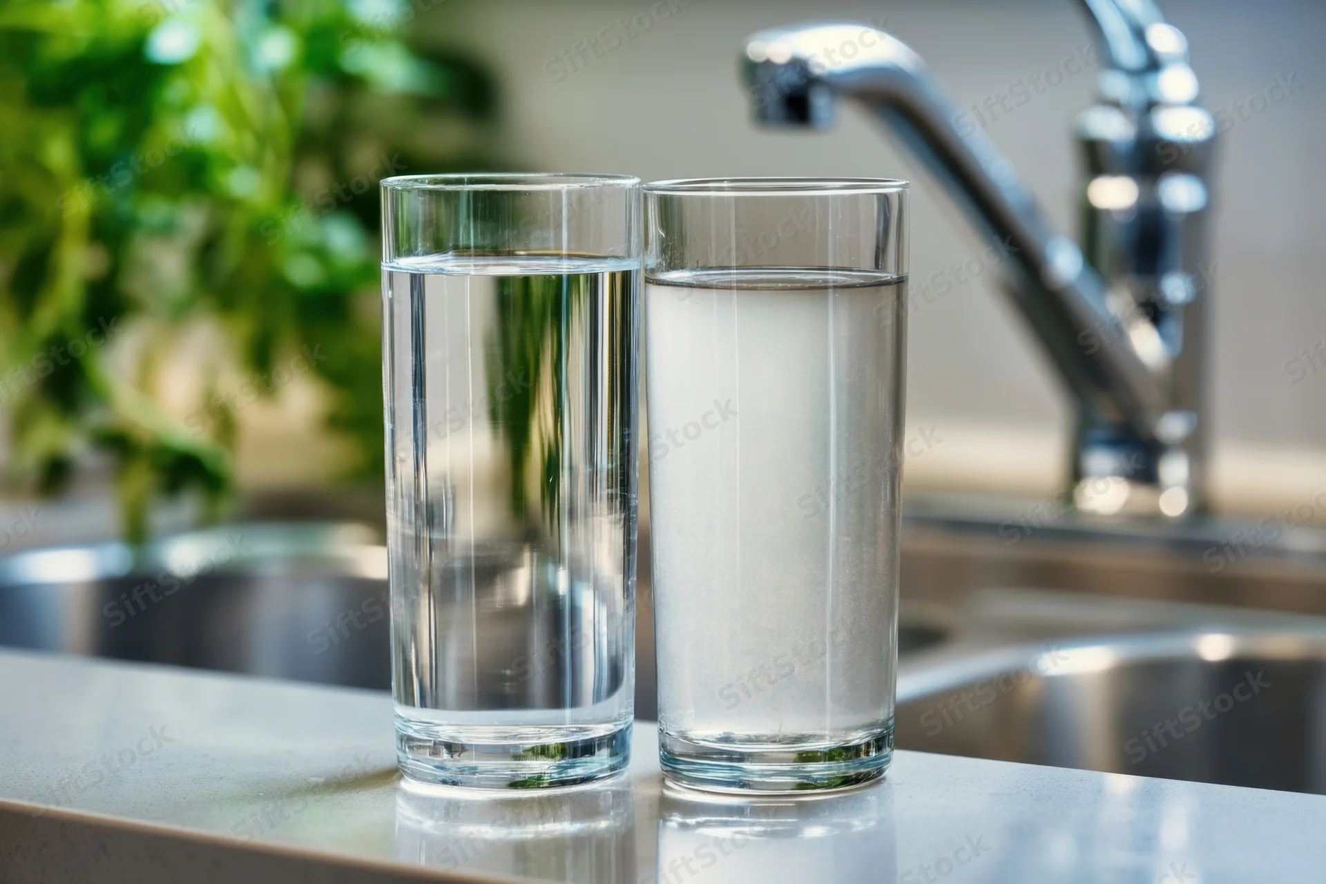 Two glasses of water side by side on a kitchen countertop near a sink, one clear and one cloudy, showing a comparison of water quality