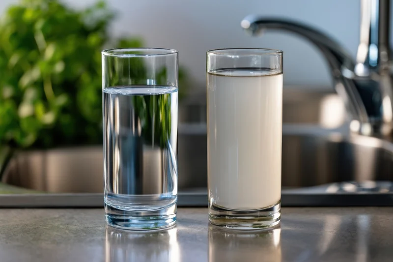 Two glasses of water and milk side by side on a kitchen countertop near a sink