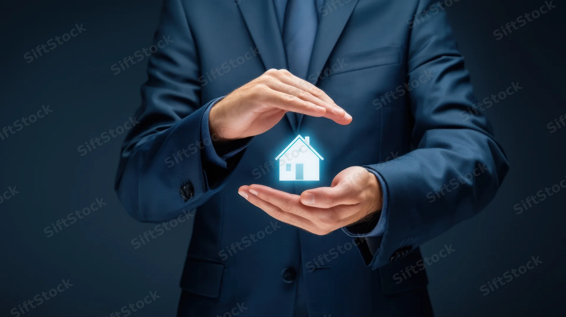 Businessman in suit holding holographic house symbol with hands in protective gesture
