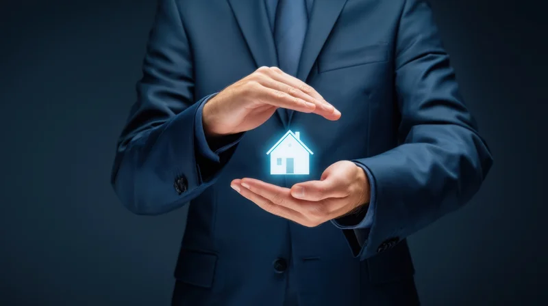 Businessman in suit holding holographic house symbol with hands in protective gesture