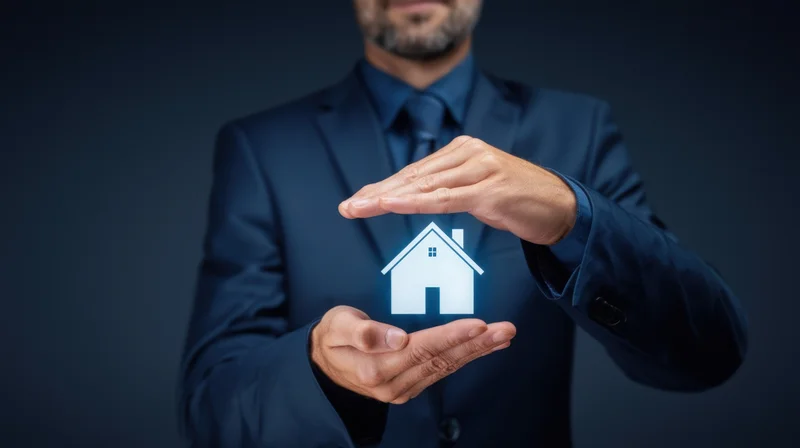 Man in suit holding holographic house icon with hands in protective gesture against dark background