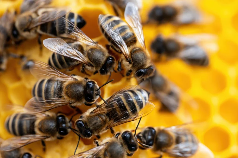 Honeybees clustered on a honeycomb structure in a hive