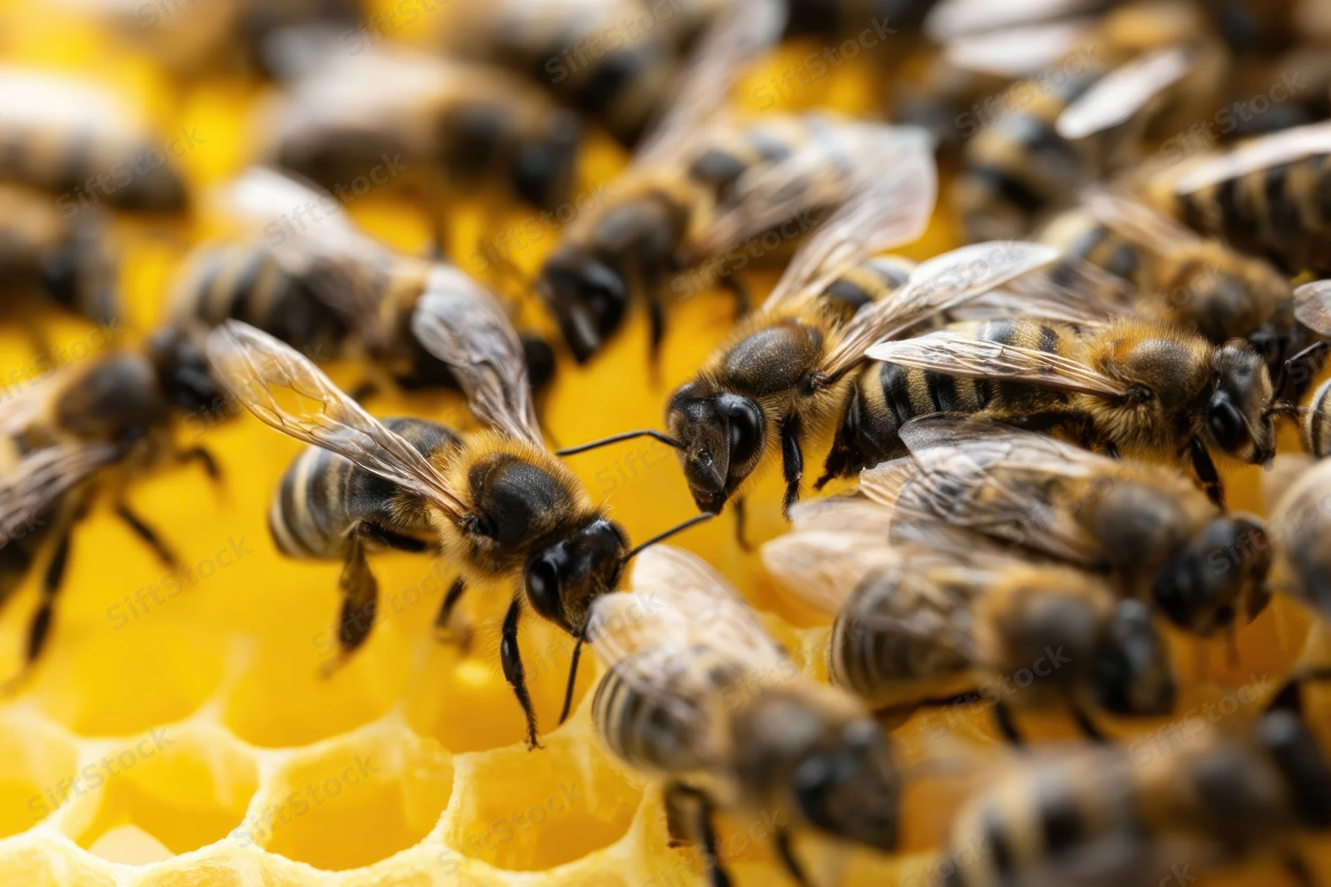Honeybees clustered on honeycomb cells in a hive